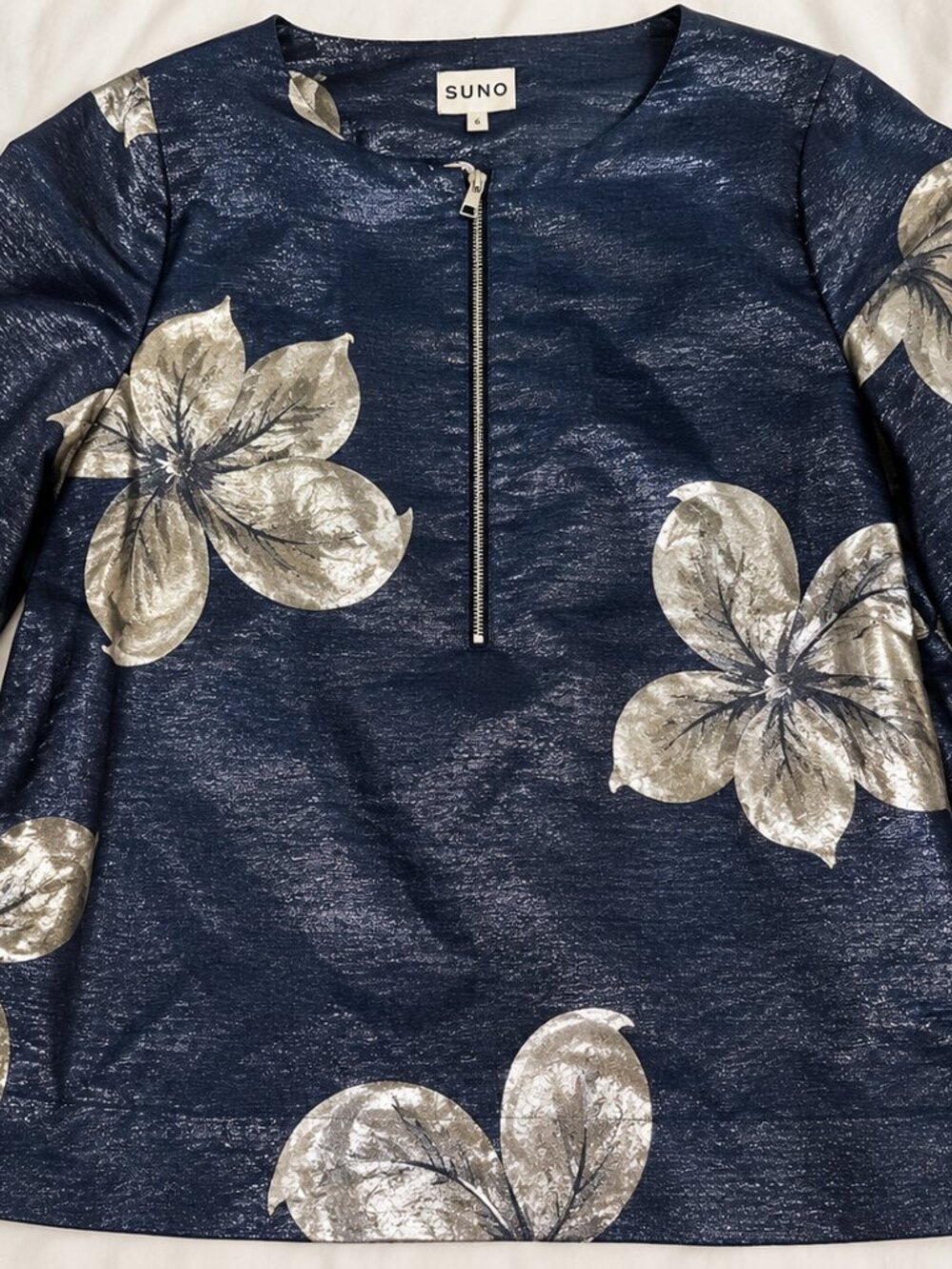 SUNO Reversible Metallic Jacquard Top Jacket Size 6 Navy Silver Floral
